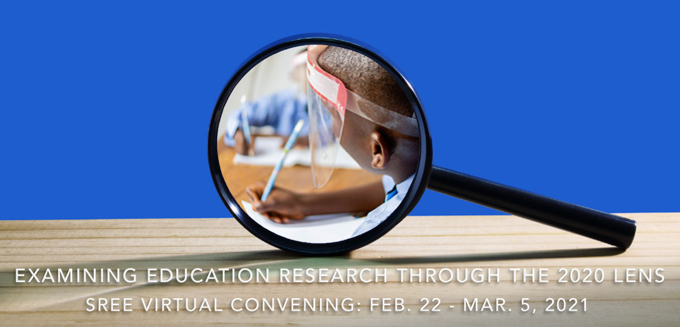 SREE 2021 Virtual Convening graphic Magnifying glass framing student writing